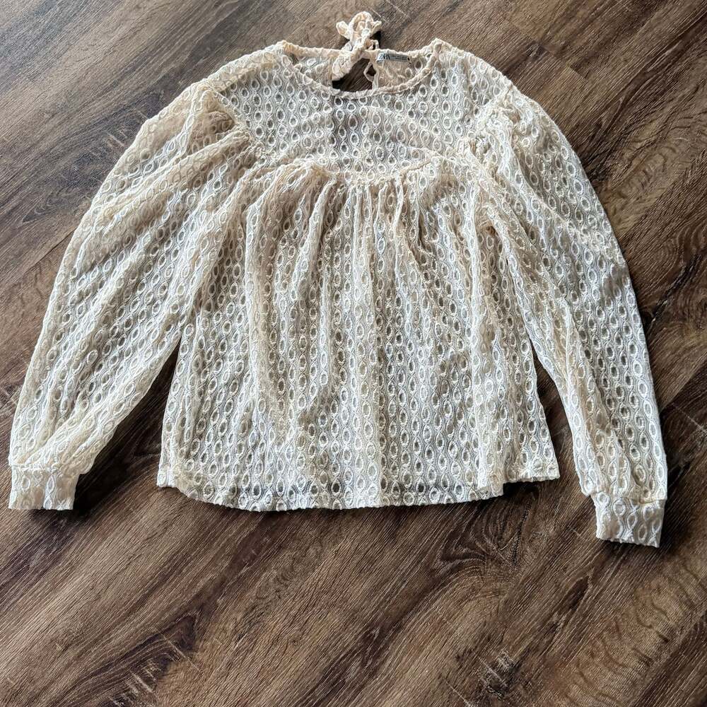 Zara Cream Lace Mesh Blouse, Sheer Long Sleeve Boho Top, Size S